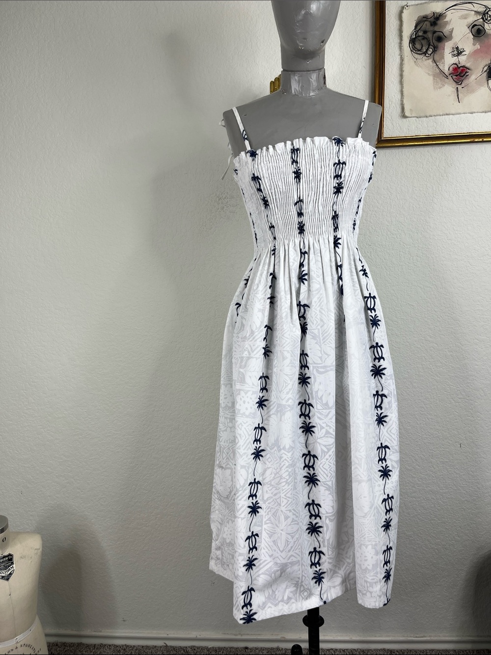 Royal Hawaiian Creations Blue Honu Cotton Hawaiian Elastic Strap Tube Dress